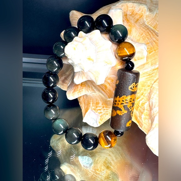 RAINBOW OBSIDIAN + TIGERS EYE + TIBETAN TUBE STONES  NATURAL BRACELET size 7.5” - Picture 3 of 11